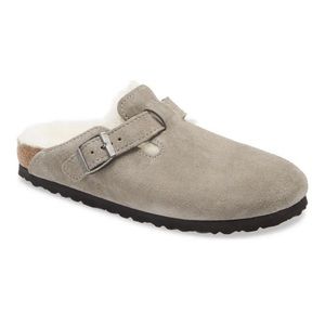 BIRKENSTOCK Boston Genuine Shearling Lined Clog Stone Coin Suede Size 38 EU
